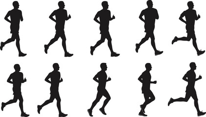 Running silhouette vector, stride cycle clipart, black athlete icon, motion pose graphic, jogging sequence illustration, fitness gait design
