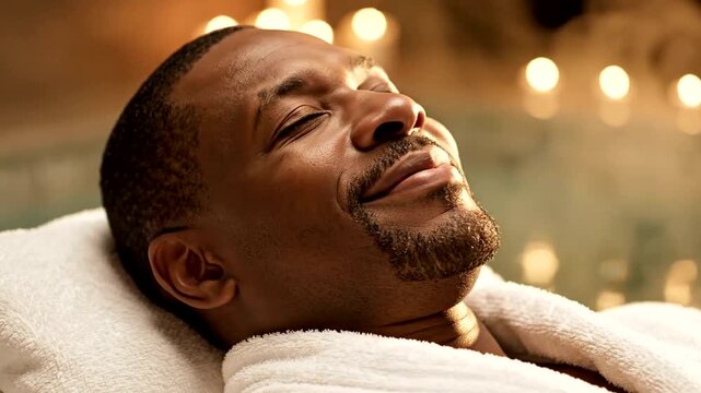 Man in soft lighting, eyes closed, experiencing deep relaxation