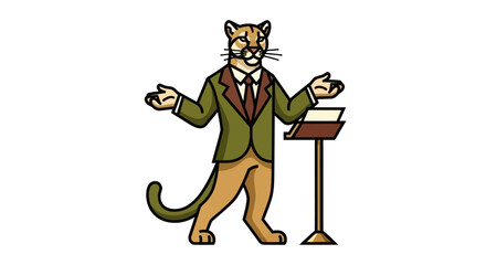 Cartoon mountain lion presenting on podium with formal attire vector
