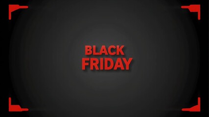 Bold Red Black Friday Text Centered on Dark Background with Geometric Orange Corner Accents for Promotional Events and Shopping Sales Announcements