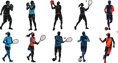 Silhouette athletes, boxing, basketball, tennis, table tennis, volleyball, soccer, sports action, dynamic poses, fitness, movement, training, competition, active lifestyle, team sports