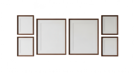 Collection of six empty wooden picture frames with white mats for art display mockups