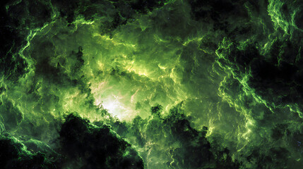 Luminous green nebula with swirling cosmic clouds and distant stars space galaxy