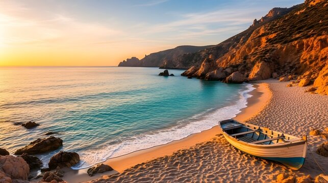 Tranquil sunset beach scene with golden light, rocky coastline, turquoise water, and small wooden boat near shore, peaceful tropical seascape travel destination