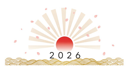 Elegant 2026 New Year illustration featuring a Japanese rising sun, sakura petals, and golden seigaiha waves for a festive greeting