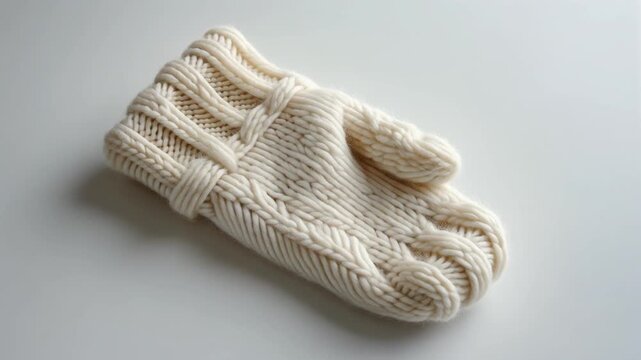 Single cream-colored knitted mitten with cable knit pattern on a white background.