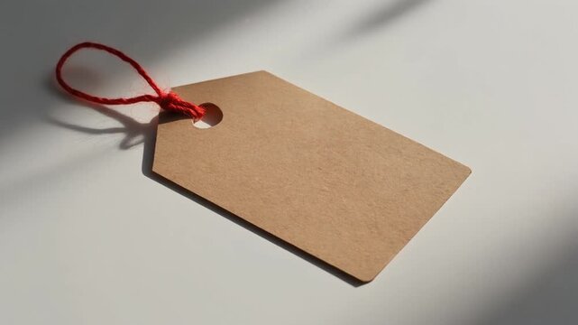 Close-up shot of a blank brown paper tag with a red string loop, isolated on white.