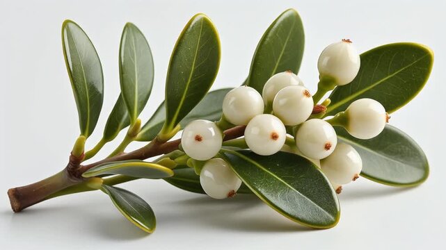 A close-up studio shot of a mistletoe sprig with white berries and green leaves on a white background.