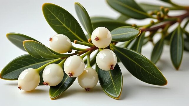 A detailed close-up of a mistletoe sprig featuring vibrant green leaves and numerous white berries.