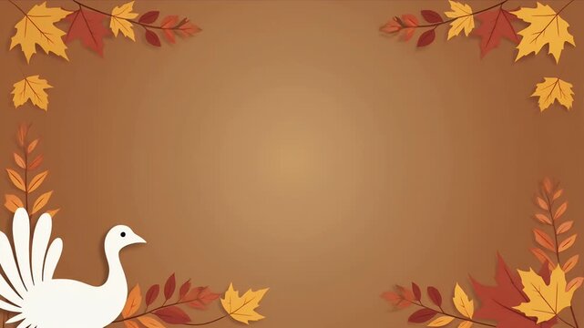 A festive thanksgiving background featuring a stylized white turkey and autumn leaves in warm orange and yellow hues set against a smooth brown gradient perfect for seasonal greetings and invitations - Powered by Adobe