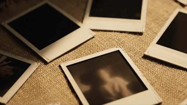 Vintage instant photographs evoking nostalgic memories are scattered on a textured fabric.