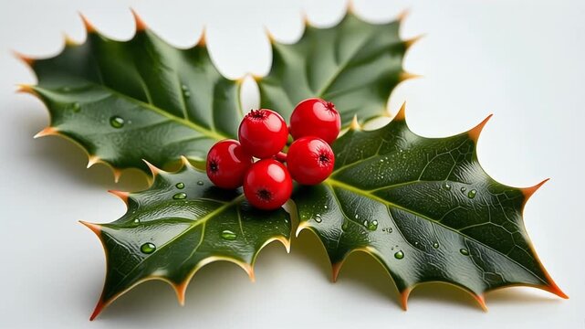 Close-up of holly leaves and berries, a traditional Christmas decoration.