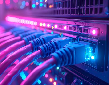 Close-up of network server with blue Ethernet cables connected to a rack, illuminated by pink and blue lights