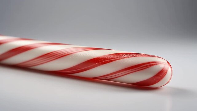 A close-up macro photograph of a classic red and white striped peppermint candy cane on a plain white background.