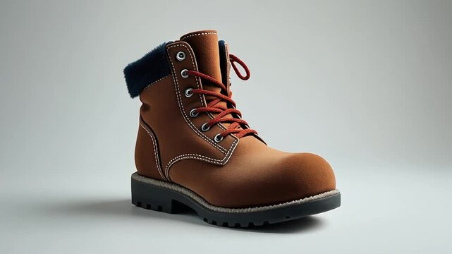 A single brown leather work boot with red laces and a dark cuff on a plain studio background.