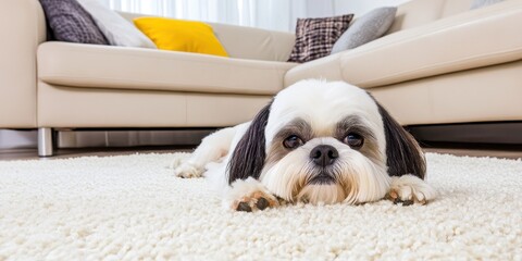 A small white dog lays on a white carpet in a living room. The dog is looking at the camera