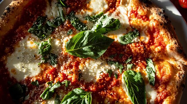 Pizza Margherita: Overhead, Neapolitan style with fresh basil and charred crust - Powered by Adobe