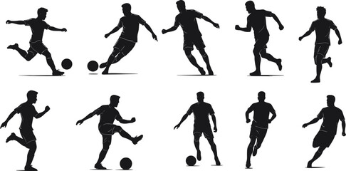 Soccer silhouette vector, football players, kicking pose, dribbling motion, athletic movement, black illustration, sports action, dynamic stance, stock design, game icon