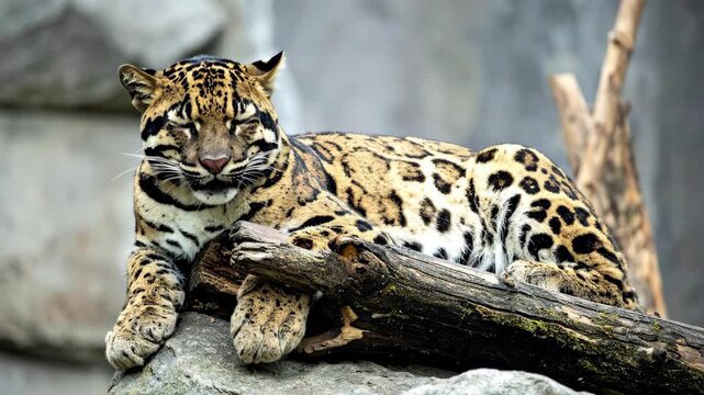 Clouded Leopard Resting on a Branch in a Zoo Enclosure.