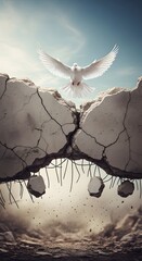 A white dove is flying above a cracked and broken ground with roots hanging underneath, symbolizing peace and hope emerging from destruction