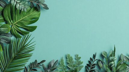 Lush green foliage arrangement on soft aqua background green leaves monstera leaf