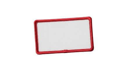 Blank white rectangular fabric patch with red embroidered border, ready for custom text or logo design