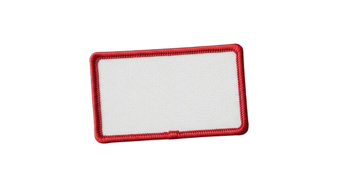 Blank white rectangular fabric patch with red embroidered border, ready for custom text or logo design