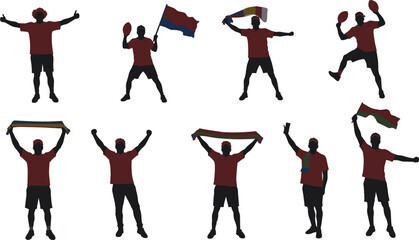 Sports fan celebration vector, cheering silhouette clipart, red shirt black shorts icon, victory pose graphic, football supporter design