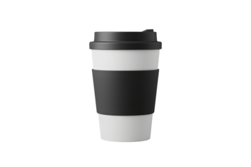 Sleek modern white coffee cup with black lid and sleeve, perfect for on the go energy and daily commutes, a stylish beverage companion