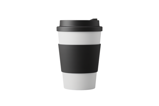 Sleek modern white coffee cup with black lid and sleeve, perfect for on the go energy and daily commutes, a stylish beverage companion