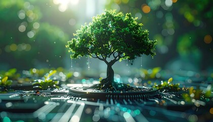 A vibrant, verdant tree thrives amidst circuit board elements, bathed in sunlight. Foliage blooms; abstract lines stream downwards