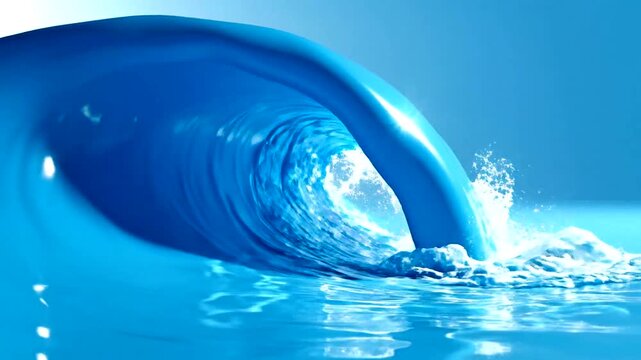 A large, tubular blue wave curls over with a splash against a bright blue sky