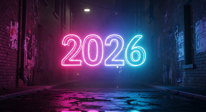 Neon 2026 sign illuminating a dark, wet alleyway, evoking futuristic urban vibes and the passage of time - Powered by Adobe