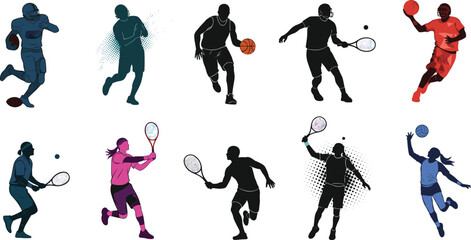 Sports silhouettes, athlete vector, basketball player, tennis action, football runner, baseball pitcher, volleyball hit, dynamic pose, sport icon, team sports, colorful shading, racket sports