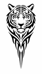 Fototapeta premium Stylized black and white tribal tattoo design featuring a fierce tiger head with intricate patterns extending downwards.