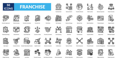 Franchise Line Icon Set.  Store, Business Branch,  Network, Multi Location, Business Expansion, Master ,  Agreement