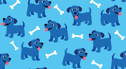 Seamless pattern of adorable blue cartoon puppies with pink tongues and white bones on a vibrant light blue backdrop.