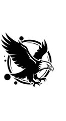 Naklejka premium Stylized black and white illustration of a majestic eagle in flight, depicted within a circular emblem with abstract dot elements.
