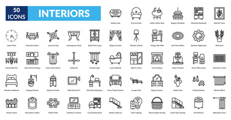 Interiors Line Icon Set. Modern Sofa, Cozy Armchair, Coffee Table, Chandelier, Bookshelf, Wall Art Frame, Indoor Plant