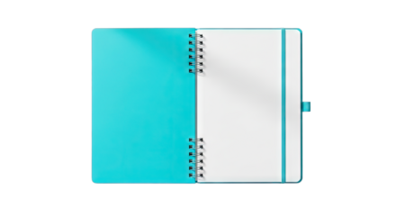 Turquoise Open Spiral Notebook with Blank White Pages and Teal Cover on Black Background