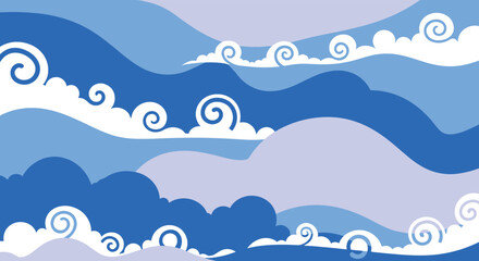 Stylized abstract background depicting a serene sky with layered blue and purple tones and whimsical white spiral clouds.