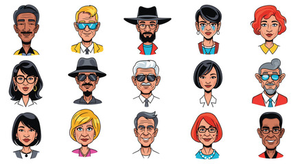 Diverse group of cartoon avatars representing men and women of various ages and ethnicities, suitable for profile pictures or user icons.