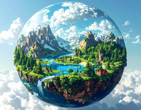 A vibrant, idyllic, floating globe showcasing lush green landscapes. Majestic snow-capped mountains and tranquil waters mirror the cloud-filled sky