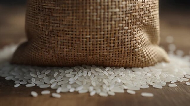 Close-up Shot of a Burlap Sack Filled with Rice Grains on a Wooden Surface