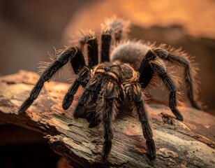 Close-up macro of a large, hairy arachnid perched on a weathered, wooden surface, showcasing its eight legs and imposing presence