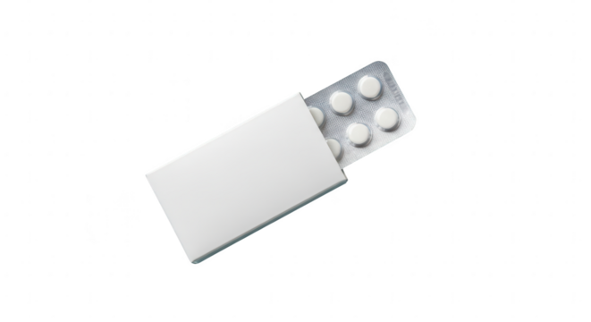 Medicine box with white pills in a silver blister pack, medical treatment concept