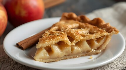 Fresh homemade apple pie slice with cinnamon sticks on plate, warm autumn dessert presentation, sweet baked pastry food photography, delicious seasonal treat for bakery advertising and culinary 