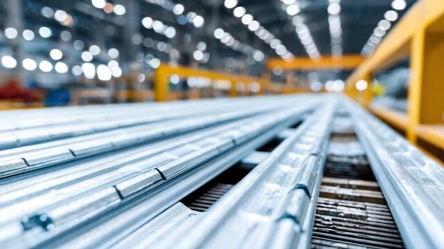 Close-up of corrugated metal sheets in a factory. Industrial setting with blurred lights and yellow structures