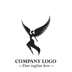 Elegant Angel Woman Silhouette Logo Symbol on White Background