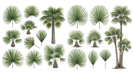 A detailed collection of various fan palm trees and lush green leaves isolated on a transparent background. © liana